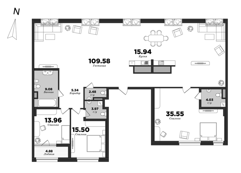 Prioritet, 3 bedrooms, 224.6 m² | planning of elite apartments in St. Petersburg | М16